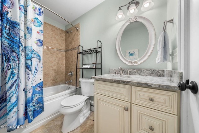 full bathroom featuring tile patterned floors, shower / bath combination with curtain, toilet, and vanity