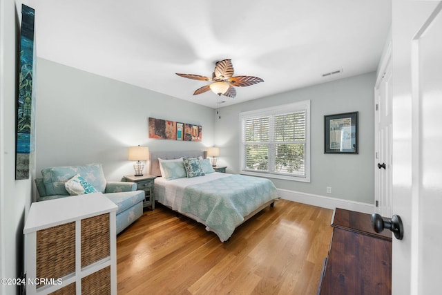 bedroom with ceiling fan and wood-type flooring