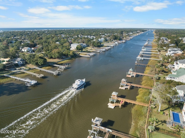 drone / aerial view featuring a water view