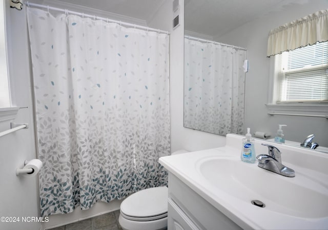 bathroom featuring a shower with curtain, vanity, and toilet