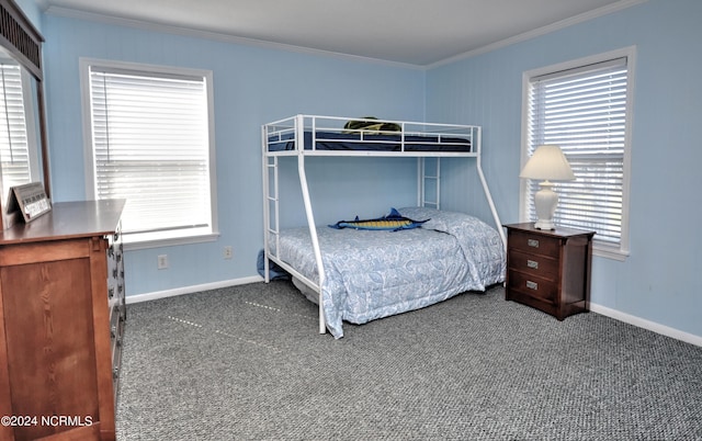 bedroom with dark colored carpet, multiple windows, and ornamental molding