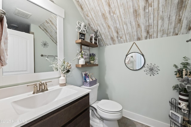 bathroom with toilet, vanity, wood ceiling, and lofted ceiling