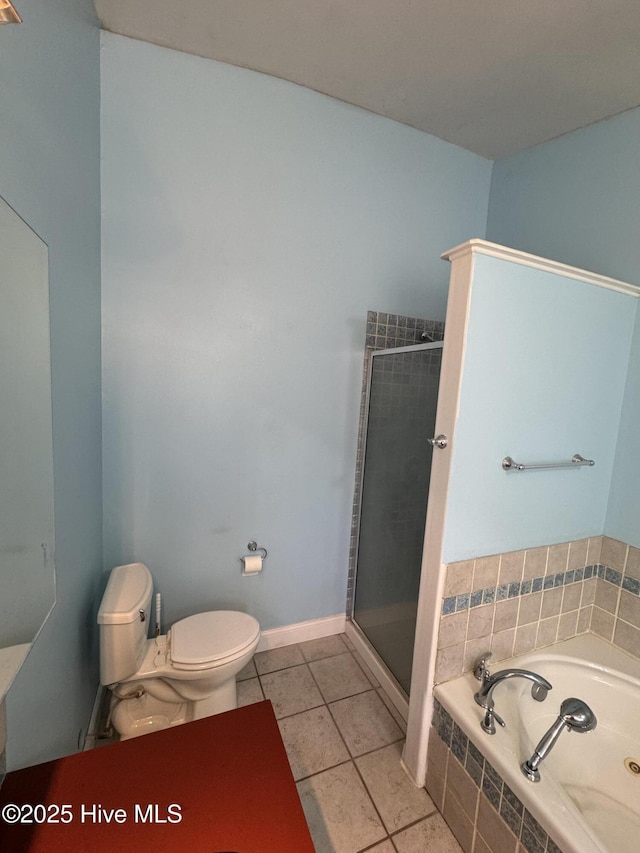 bathroom with separate shower and tub, tile patterned flooring, and toilet