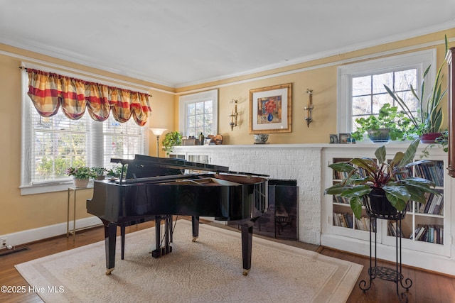 misc room with crown molding, hardwood / wood-style floors, and a brick fireplace