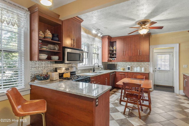 kitchen featuring sink, decorative backsplash, kitchen peninsula, stainless steel appliances, and light stone countertops