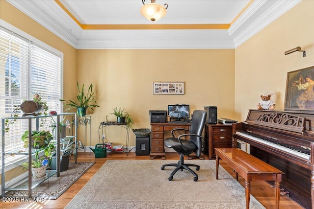 office space with crown molding, a tray ceiling, and light hardwood / wood-style flooring