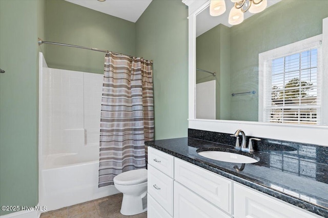 full bathroom with tile patterned flooring, vanity, shower / tub combo with curtain, and toilet