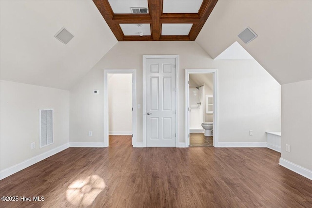 bonus room with vaulted ceiling with beams and wood-type flooring