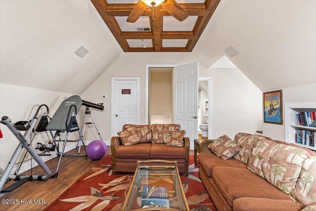 living room with coffered ceiling, vaulted ceiling with beams, and hardwood / wood-style flooring