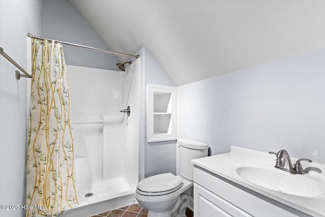 bathroom with curtained shower, lofted ceiling, vanity, toilet, and tile patterned floors