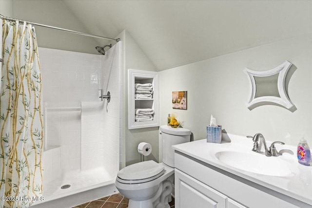 bathroom featuring vaulted ceiling, tile patterned floors, toilet, and a shower with shower curtain