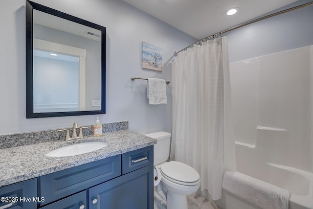 full bathroom with vanity, toilet, and shower / bathtub combination with curtain