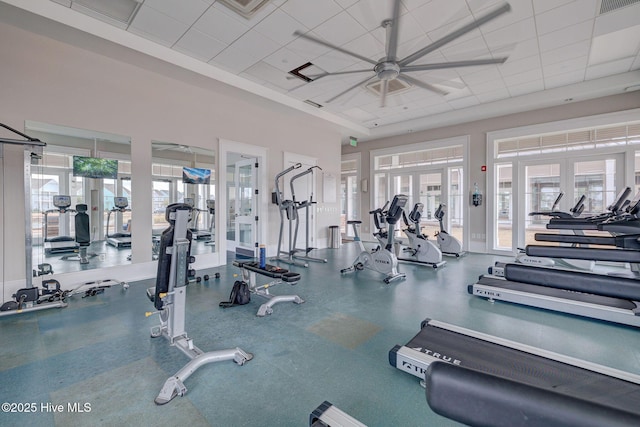 workout area with a drop ceiling and ceiling fan