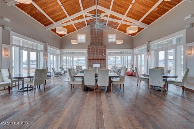 dining room with ceiling fan, high vaulted ceiling, wooden ceiling, and hardwood / wood-style flooring