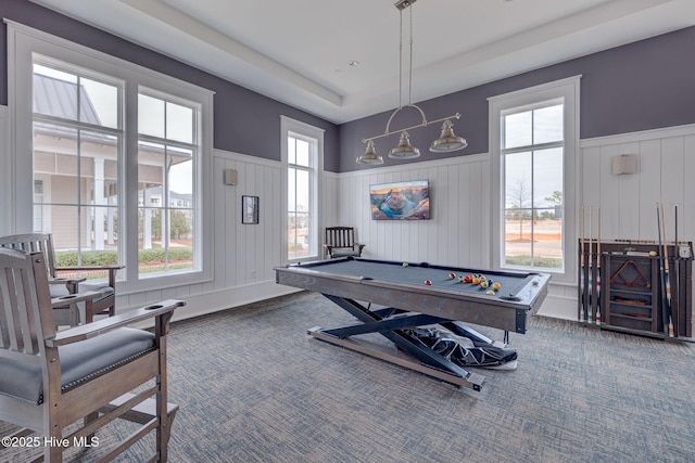 rec room with dark carpet and pool table