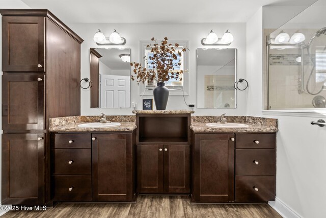 bathroom featuring wood-type flooring, vanity, and walk in shower