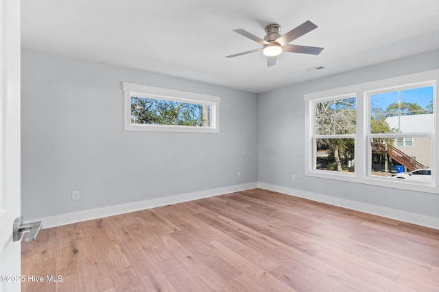 spare room with visible vents, baseboards, a ceiling fan, and light wood finished floors