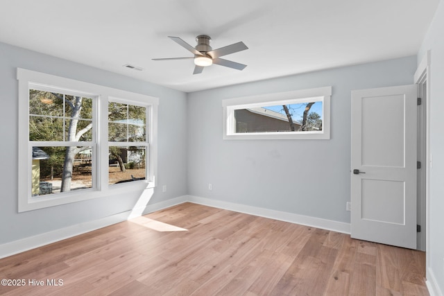 empty room with baseboards, visible vents, a ceiling fan, and light wood-style floors