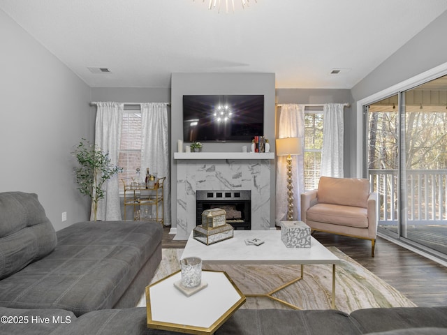 living room with hardwood / wood-style floors and a premium fireplace