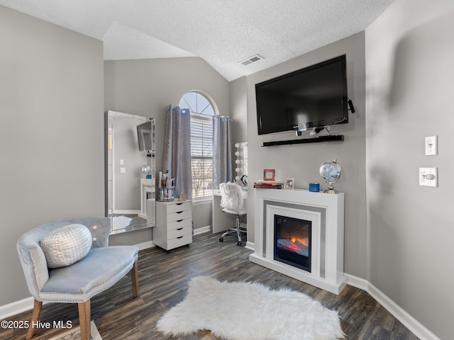 interior space featuring a textured ceiling, dark hardwood / wood-style floors, and lofted ceiling