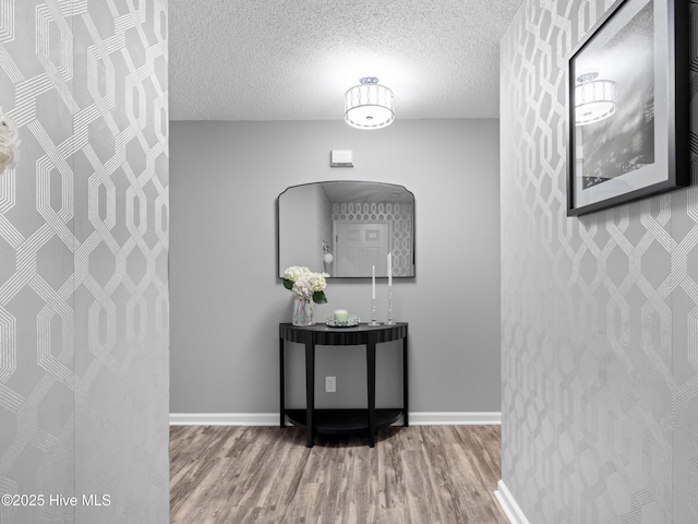 hallway with a textured ceiling and hardwood / wood-style flooring