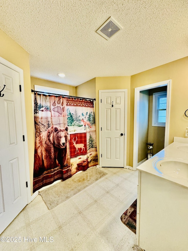 bathroom featuring walk in shower, vanity, and a textured ceiling