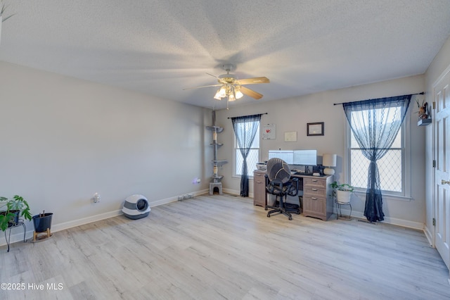 unfurnished office with a textured ceiling, light hardwood / wood-style floors, and ceiling fan