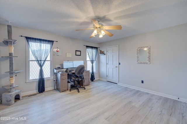 home office featuring a textured ceiling, light wood-type flooring, and ceiling fan