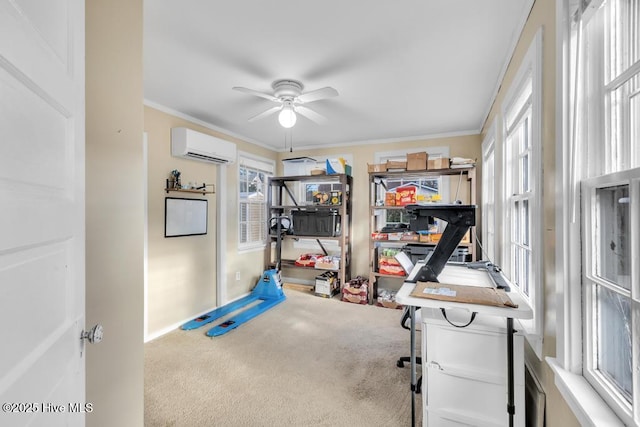 workout room featuring ceiling fan, ornamental molding, carpet floors, and a wall unit AC