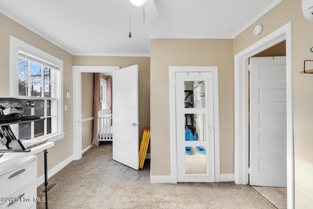 bedroom with light carpet, crown molding, and ceiling fan