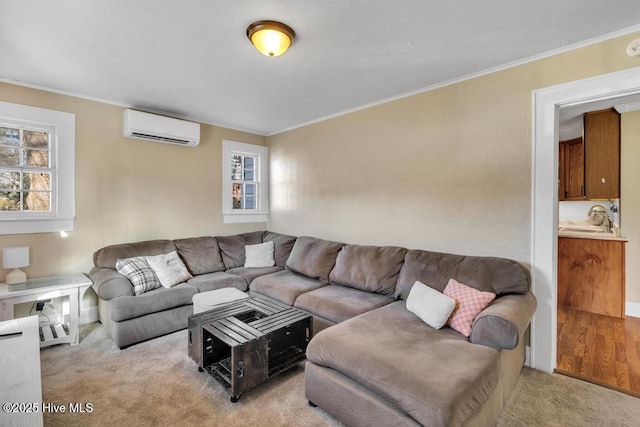 carpeted living room with ornamental molding, an AC wall unit, and sink