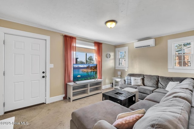 living room with crown molding, a wall mounted air conditioner, and light colored carpet