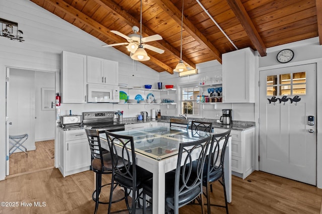 kitchen with white cabinetry, wood ceiling, light hardwood / wood-style floors, and stainless steel electric range