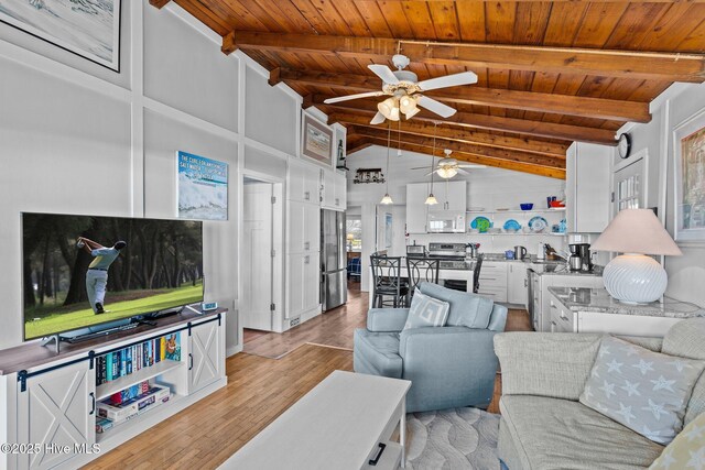 5113 W Beach Dr, Oak Island, NC 28465 - living room featuring ceiling fan, wooden ceiling, and light wood-style floors