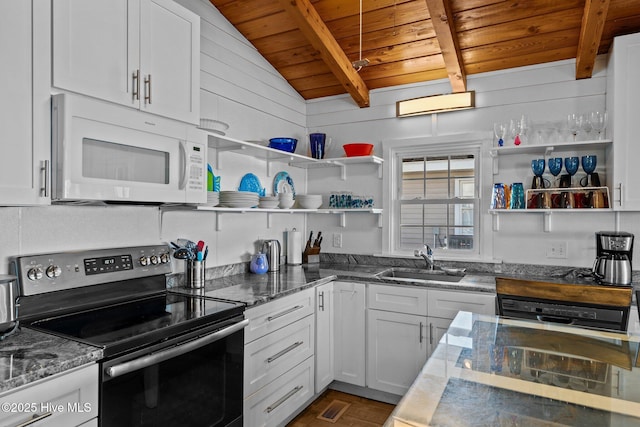 kitchen with white microwave, wood ceiling, a sink, white cabinetry, and stainless steel range with electric stovetop