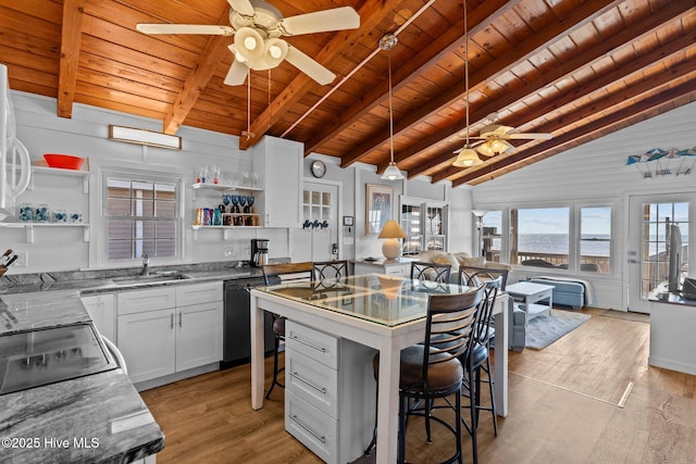 kitchen with wooden ceiling, vaulted ceiling with beams, open shelves, and ceiling fan