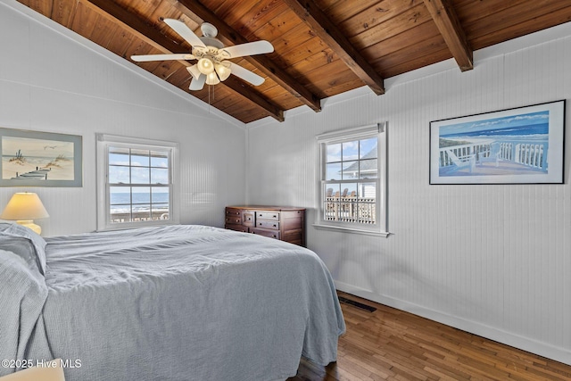 bedroom featuring lofted ceiling with beams, wood-type flooring, ceiling fan, and wood ceiling