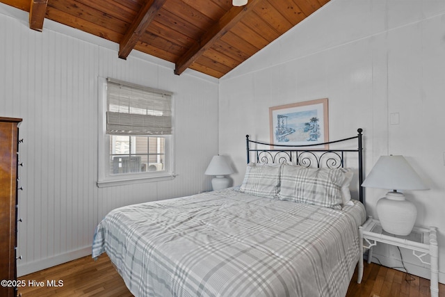 bedroom featuring hardwood / wood-style flooring, baseboards, vaulted ceiling with beams, and wooden ceiling