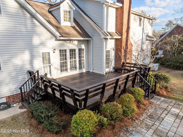 1985 Den Tree Ct, New Bern, NC 28562 - exterior space featuring a shingled roof, a deck, and a chimney