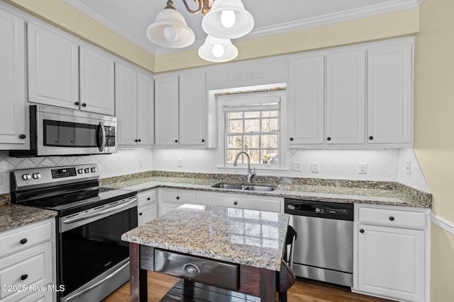 1985 Den Tree Ct, New Bern, NC 28562 - kitchen featuring crown molding, light stone countertops, appliances with stainless steel finishes, white cabinetry, and a sink