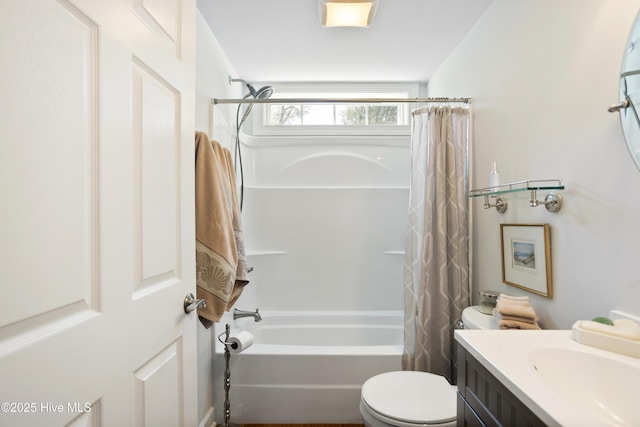 full bathroom featuring vanity, toilet, and shower / tub combo with curtain