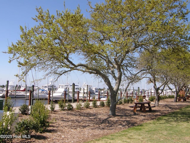 surrounding community featuring a water view and a boat dock