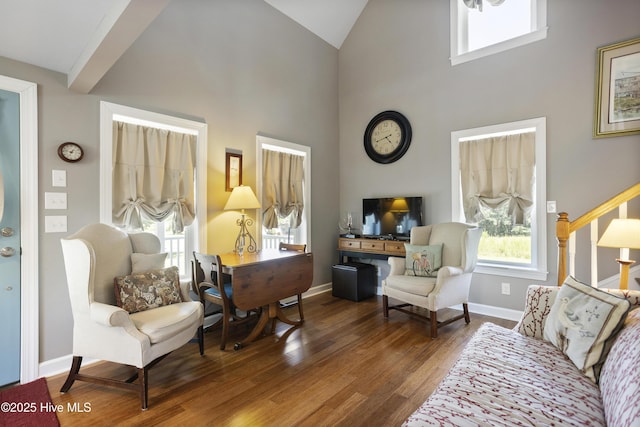 living area with dark hardwood / wood-style floors and high vaulted ceiling