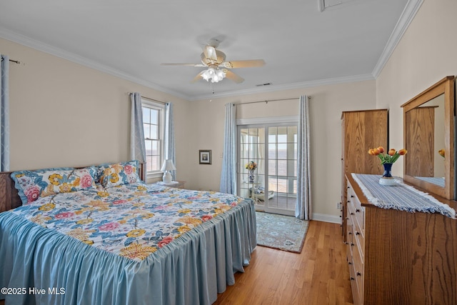 bedroom featuring crown molding, ceiling fan, access to exterior, and light hardwood / wood-style flooring