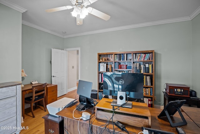 office space featuring ceiling fan, ornamental molding, and light hardwood / wood-style flooring