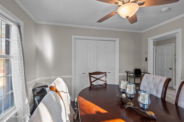 dining space featuring ceiling fan and ornamental molding