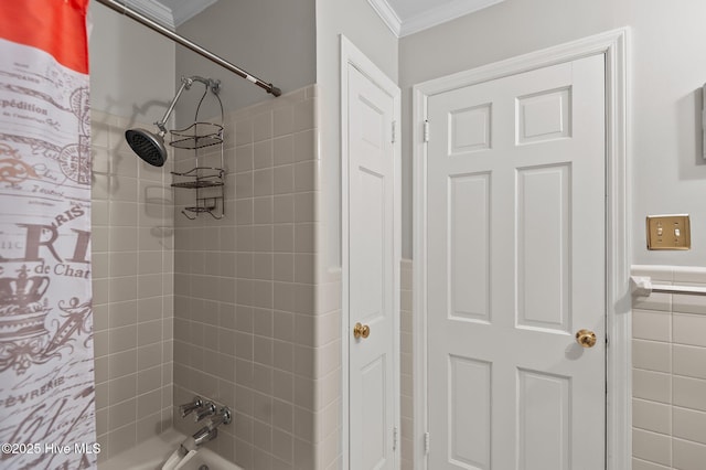 bathroom with shower / bath combination with curtain and crown molding