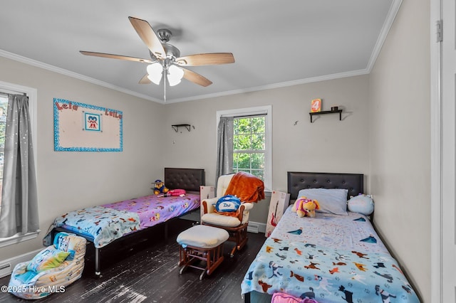 bedroom featuring ceiling fan, dark wood-type flooring, and ornamental molding