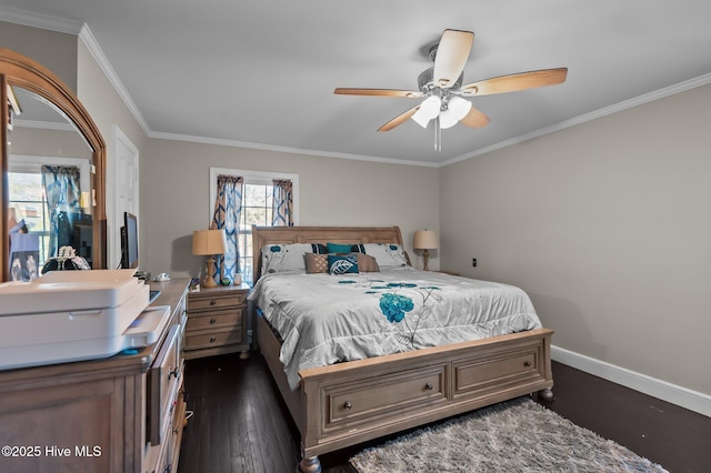 bedroom featuring ceiling fan, crown molding, and dark wood-type flooring