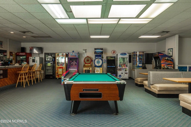 rec room with pool table and dark colored carpet